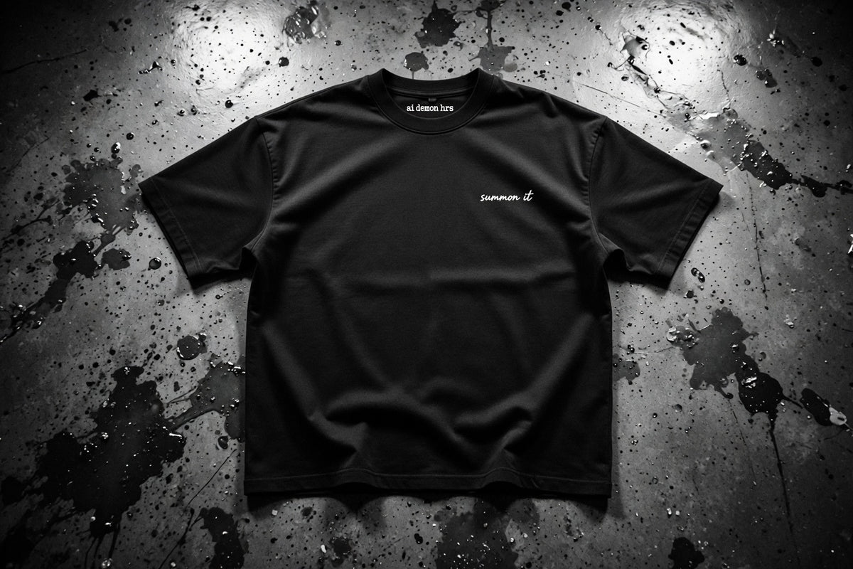Heme & Co. Summon Tee concept, black tee with small chest embroidery